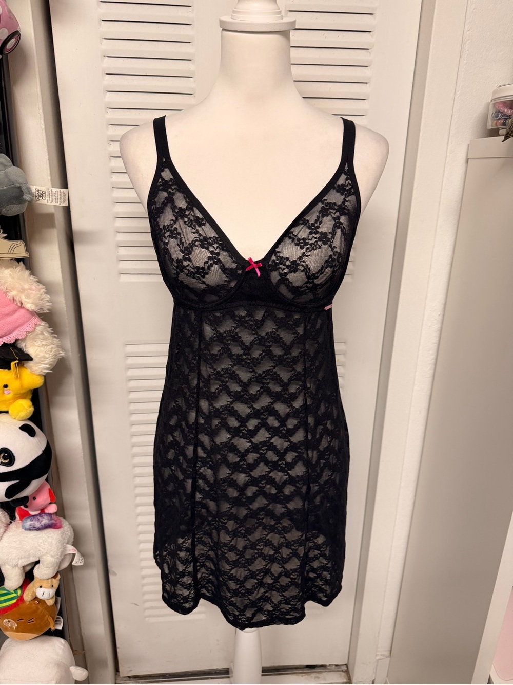Betsey Johnson Black Lace Chemise with Pink Bow Accents